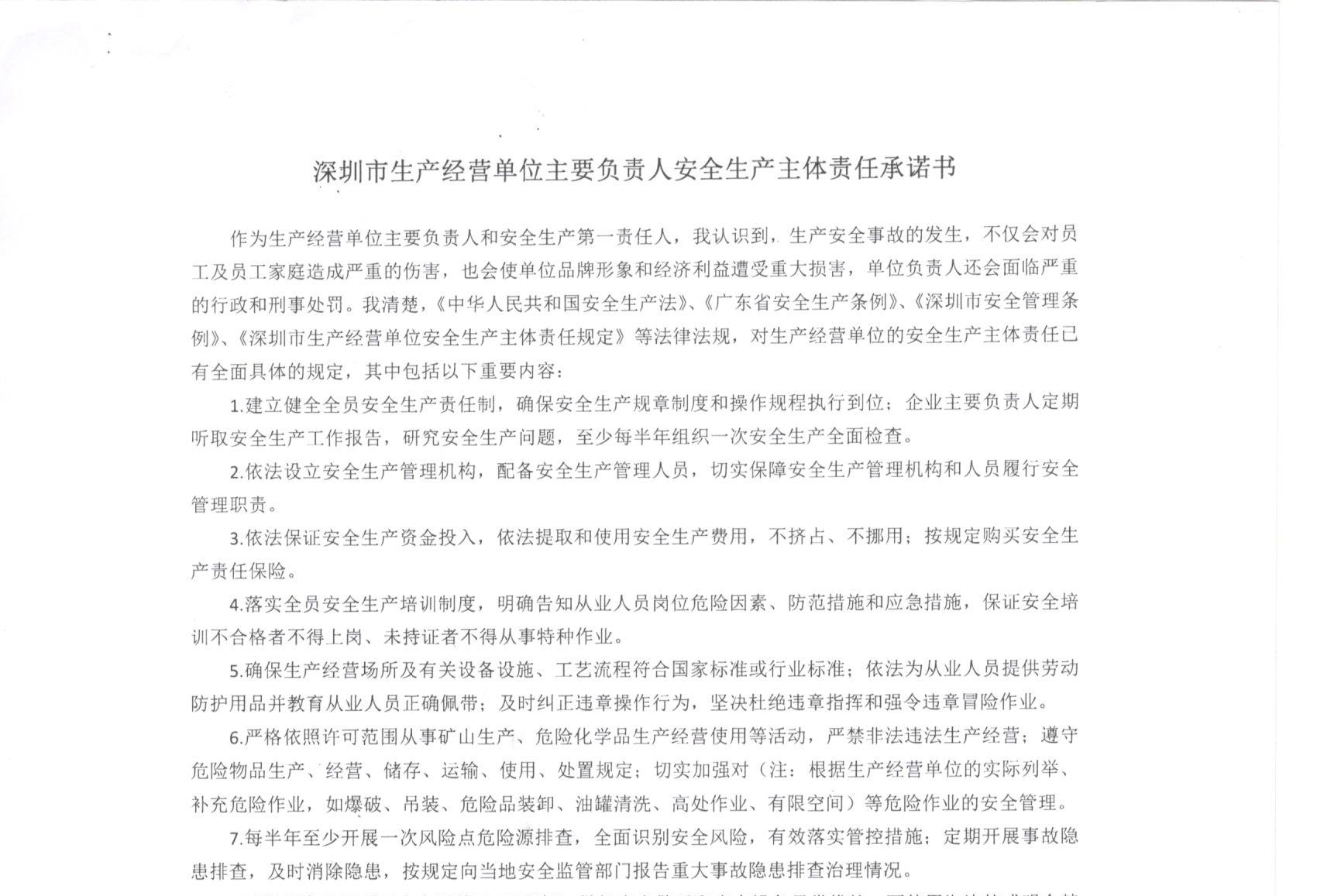 深圳市生产经营单位主要负责人安全生产主体责任承诺书